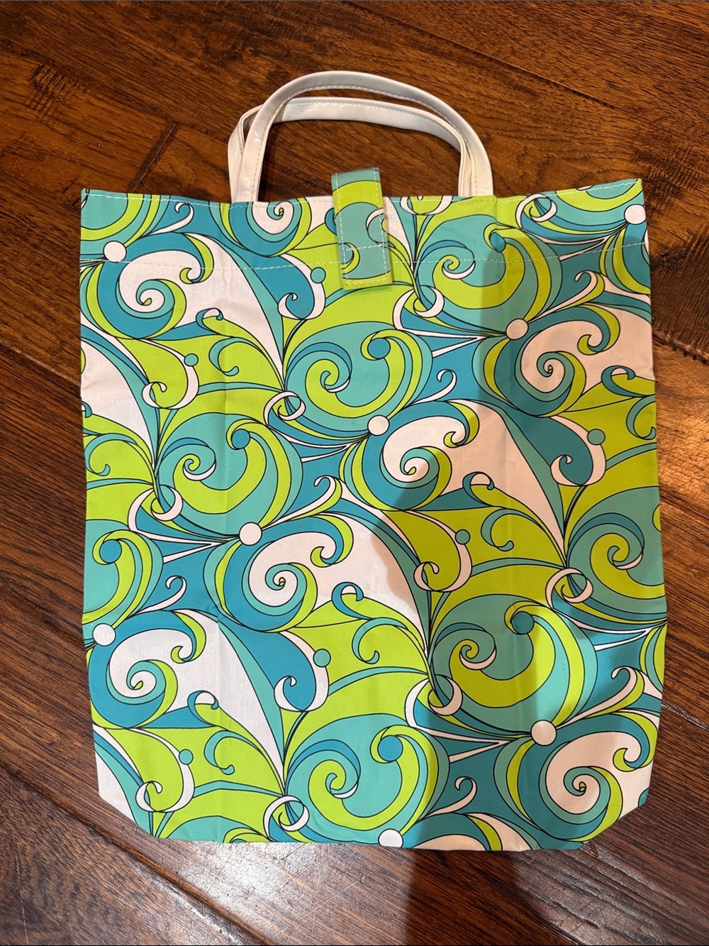 Blue & Green Swirl Pattern Tote Bag with White Handles